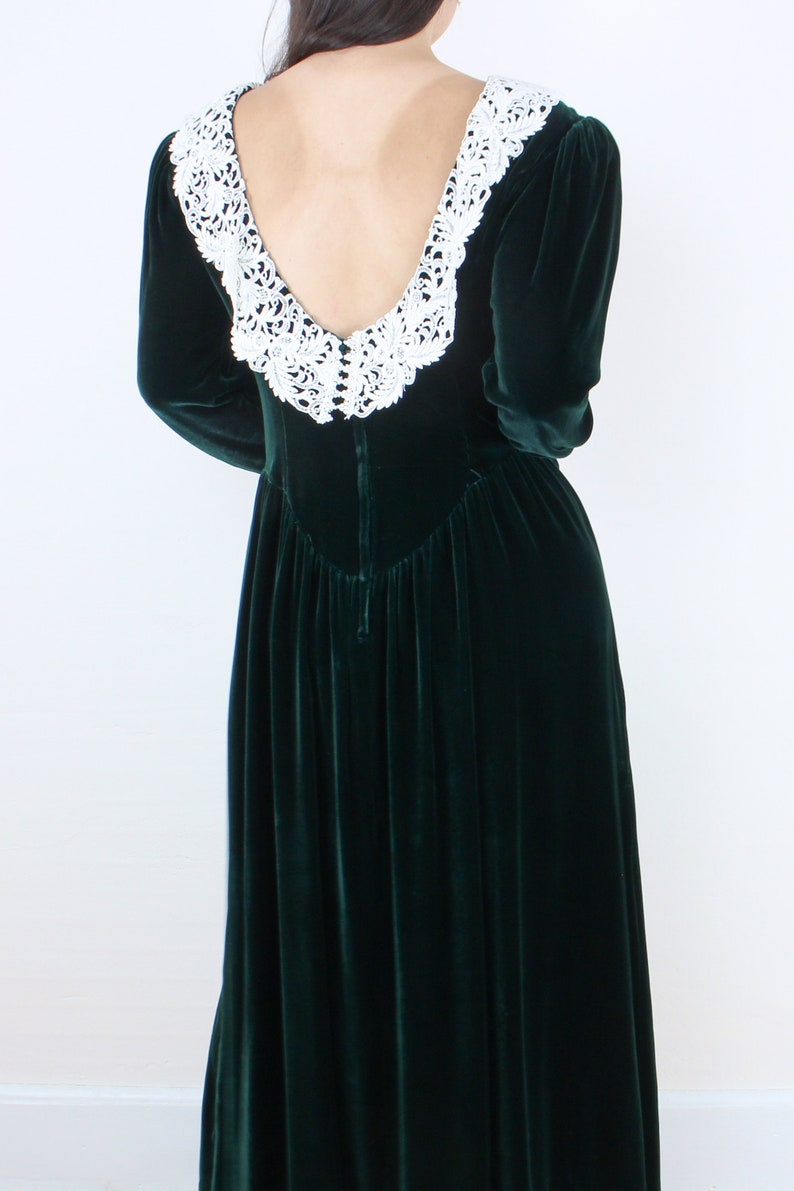 McClintock velvet dress silk blend forest green lace collar low back v-yoke waist full skirt