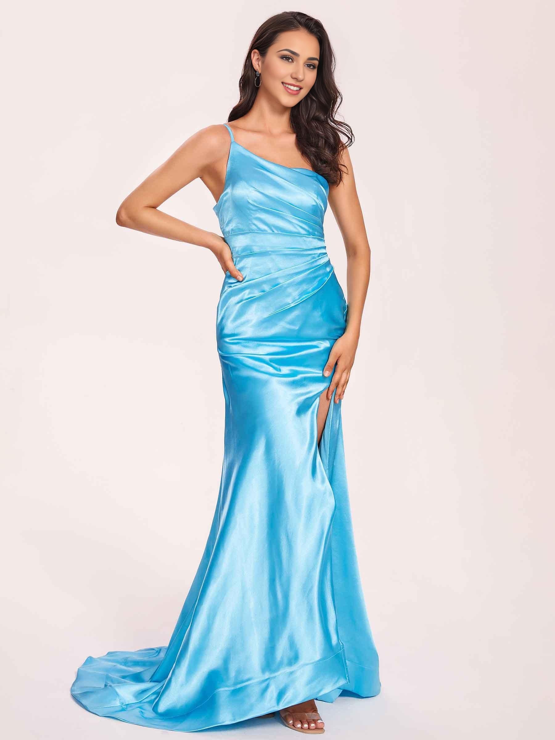 Satin One-shoulder Mermaid Prom Dresses Side Slit Pleats Floor Length