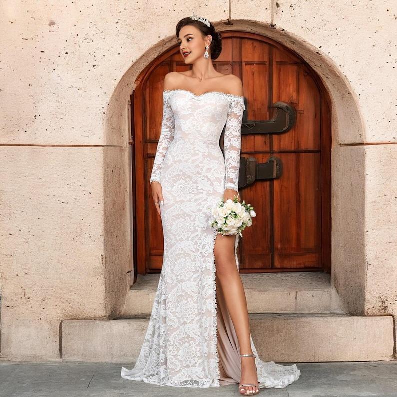 Mermaid Wedding Gown with Long Train Black Lace Backless Dress with Long Sleeves Wedding Reception Dress