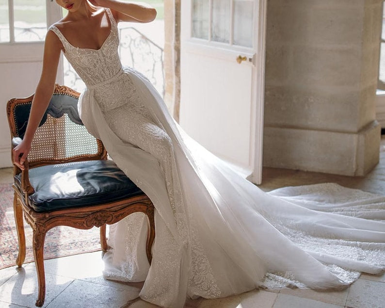 Wedding Dress Sequin Square Neck Bridal Gown Low Back Tulle Beaded Dress Custom Mermaid Wedding Dress Backless Bridal dress