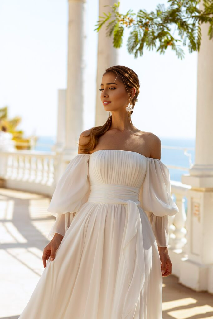 Off Shoulder Wedding Dress - Square Neck wedding dress  Maxi Dress with Sleeves for Wedding