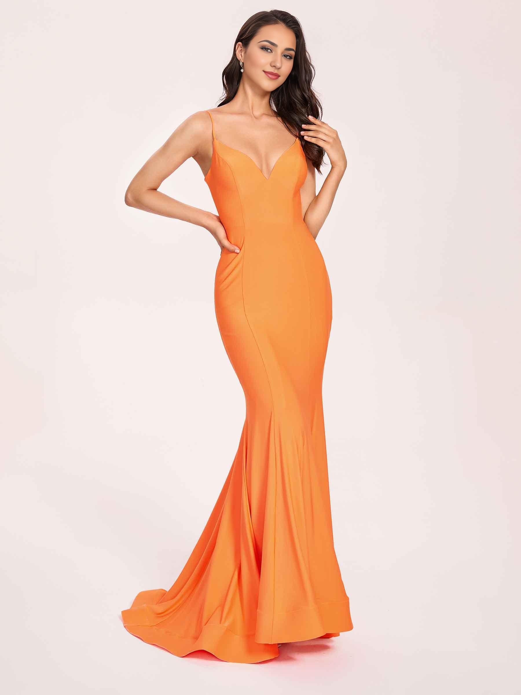 Sexy Satin Mermaid Prom Dresses Spaghetti Straps V-neck Floor Length Lace-up Back