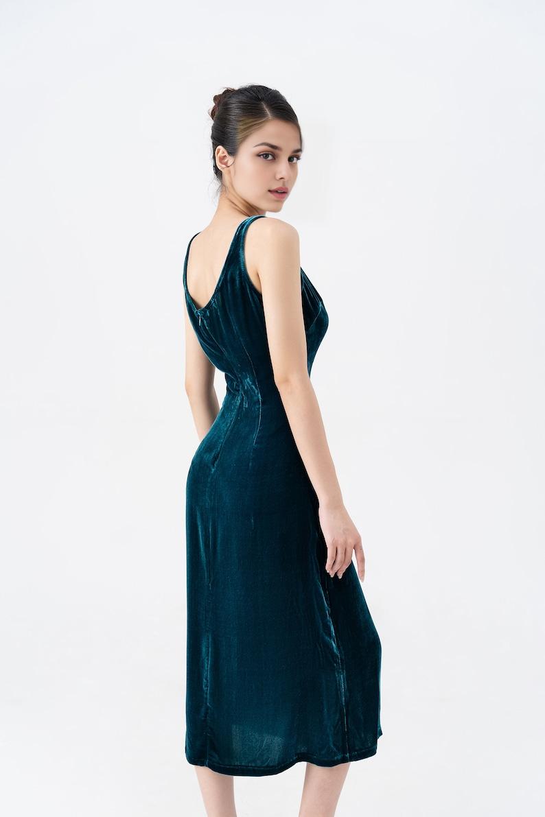 Petrol Mulberry Silk Velvet Prom Dress Luxurious Silk Velvet With Scoop Neck Midi Dress Made to Order Dress