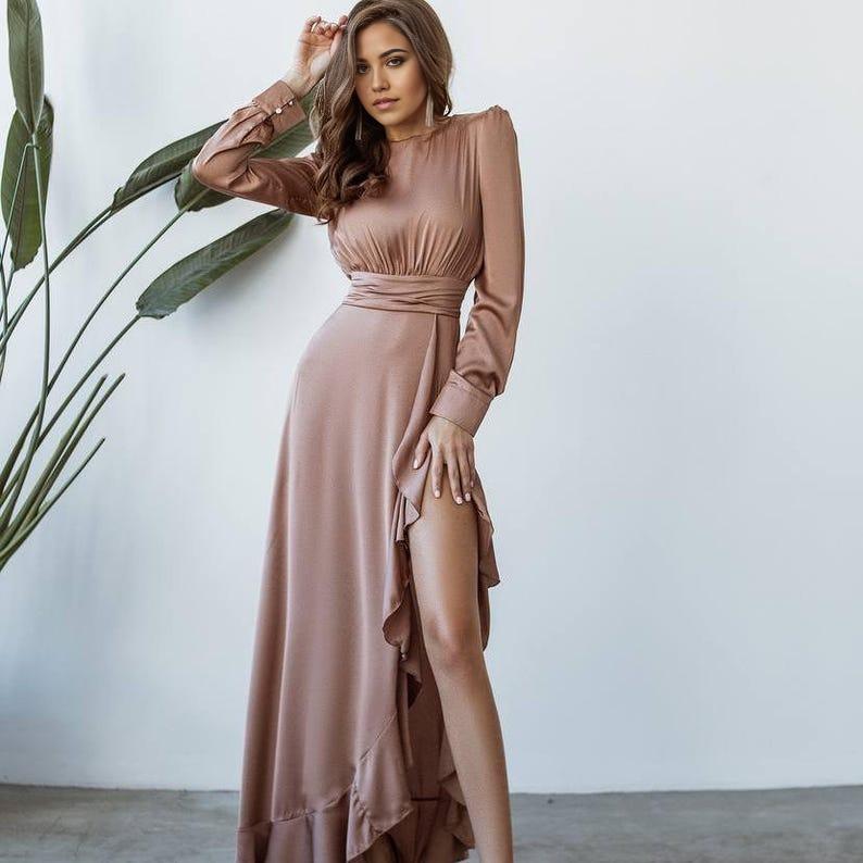 Elegant Long Sleeve Mint Satin Maxi Dress with Ruffle Hem and High Slit Formal Bridesmaid Dress