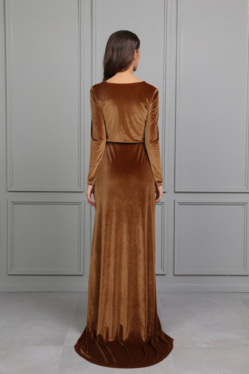 Velvet Dress Prom Dress Slit Dress Evening Dress Maxi Dress Long Sleeve Dress Reception Dress Elegant Dress Formal Dress