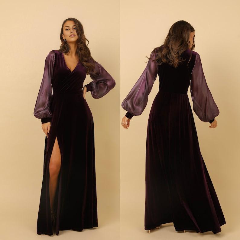 Wedding dress velvet dress slit Prom dress long sleeve maxi dress bridal attire elegant dress
