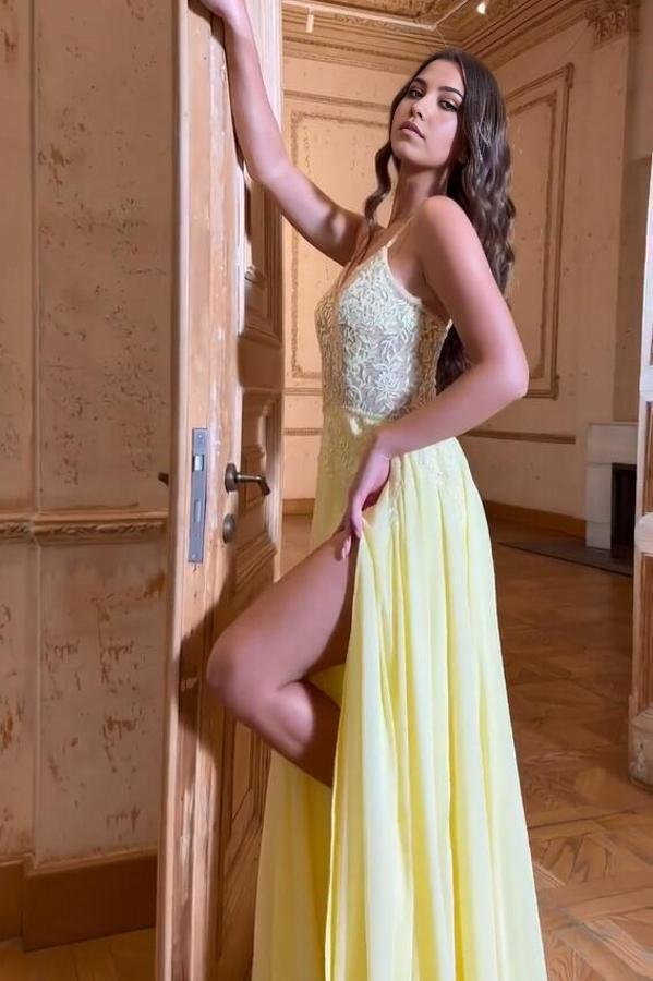 Sheath Sweetheart Sleeveless Spaghetti Strap Chiffon Prom Dresses with Slit
