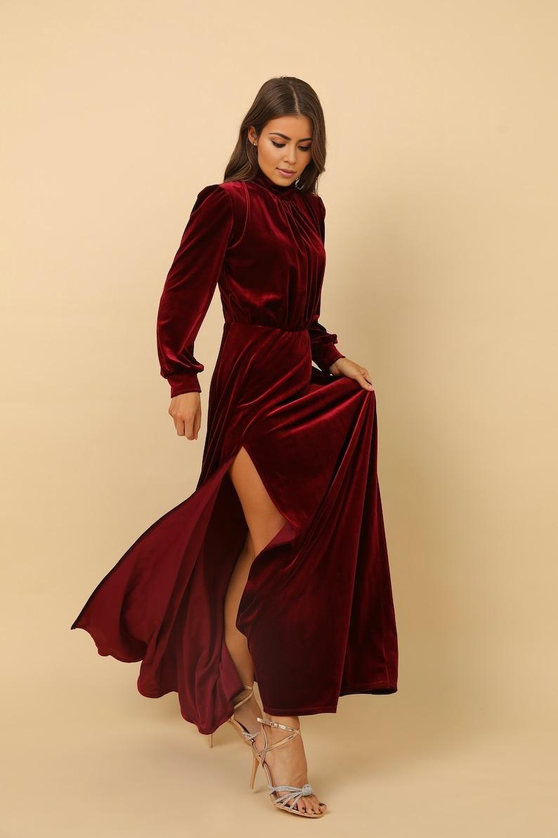 Maid Of Honor Maxi Dress Velvet Dress Prom Dress A Line Dress Reception Dress Long Sleeve Slit Dress