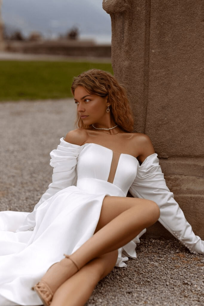 Satin Wedding Dress Off Shoulder Wedding Dress with High Slit  Long Sleeves Wedding