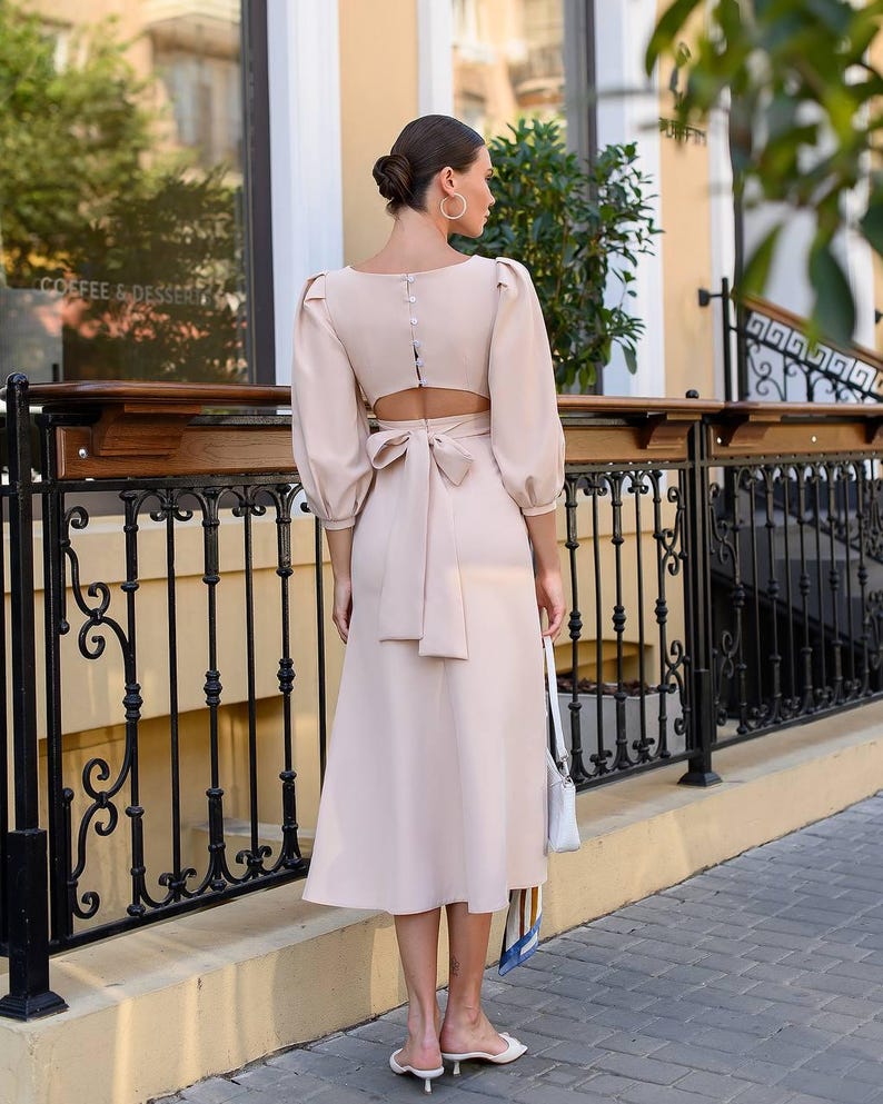 Beige Wedding Guest Dress Long Sleeve Open back Midi Dress for Women