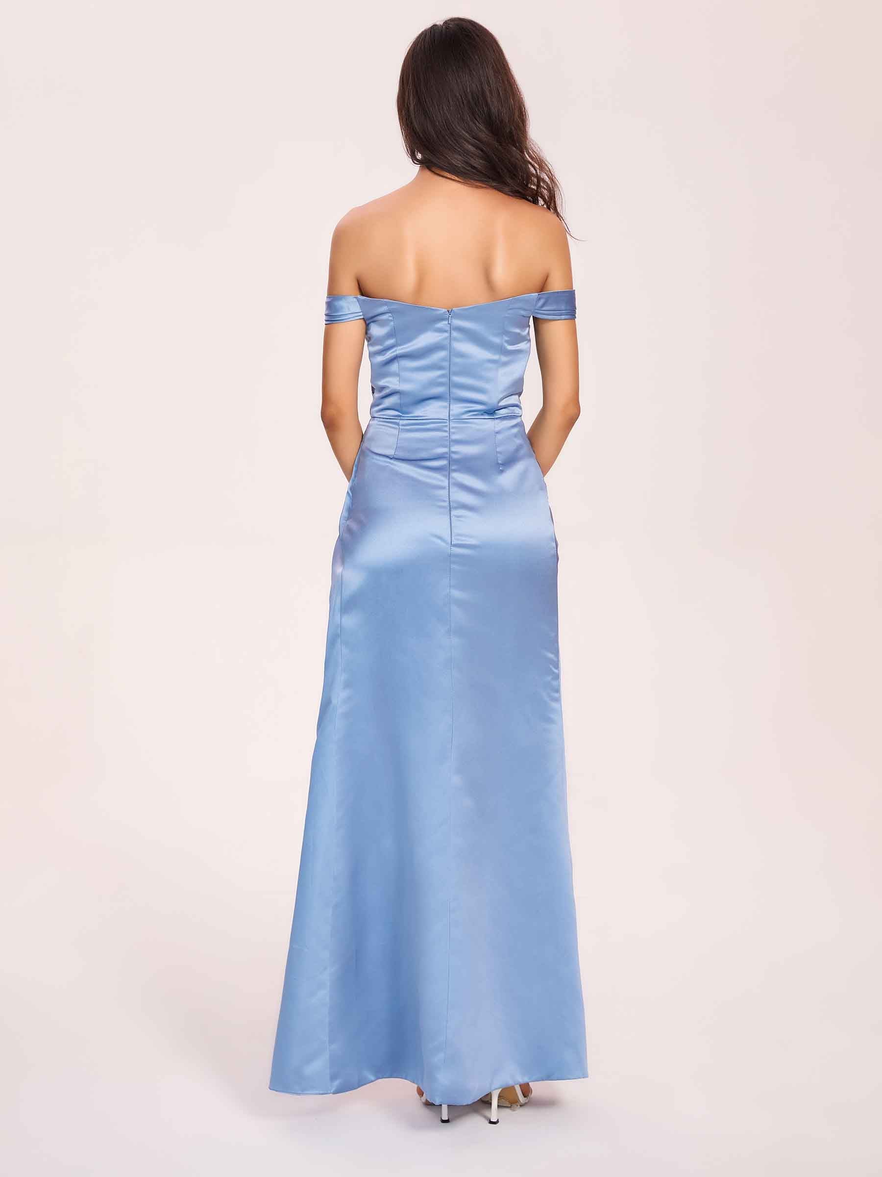 Elegant Satin Off Shoulder Prom Dresses Side-slit Sweetheart Floor Length Sheath