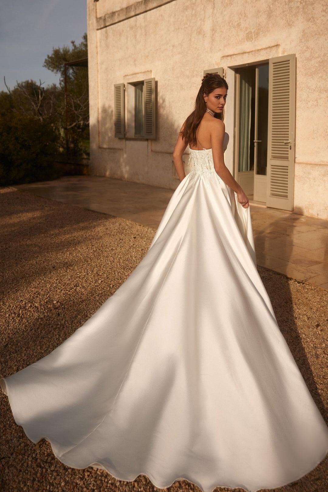 Luxury Satin Strapless Wedding Gown with Beaded Corset and Majestic Train