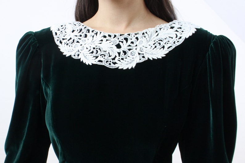 McClintock velvet dress silk blend forest green lace collar low back v-yoke waist full skirt