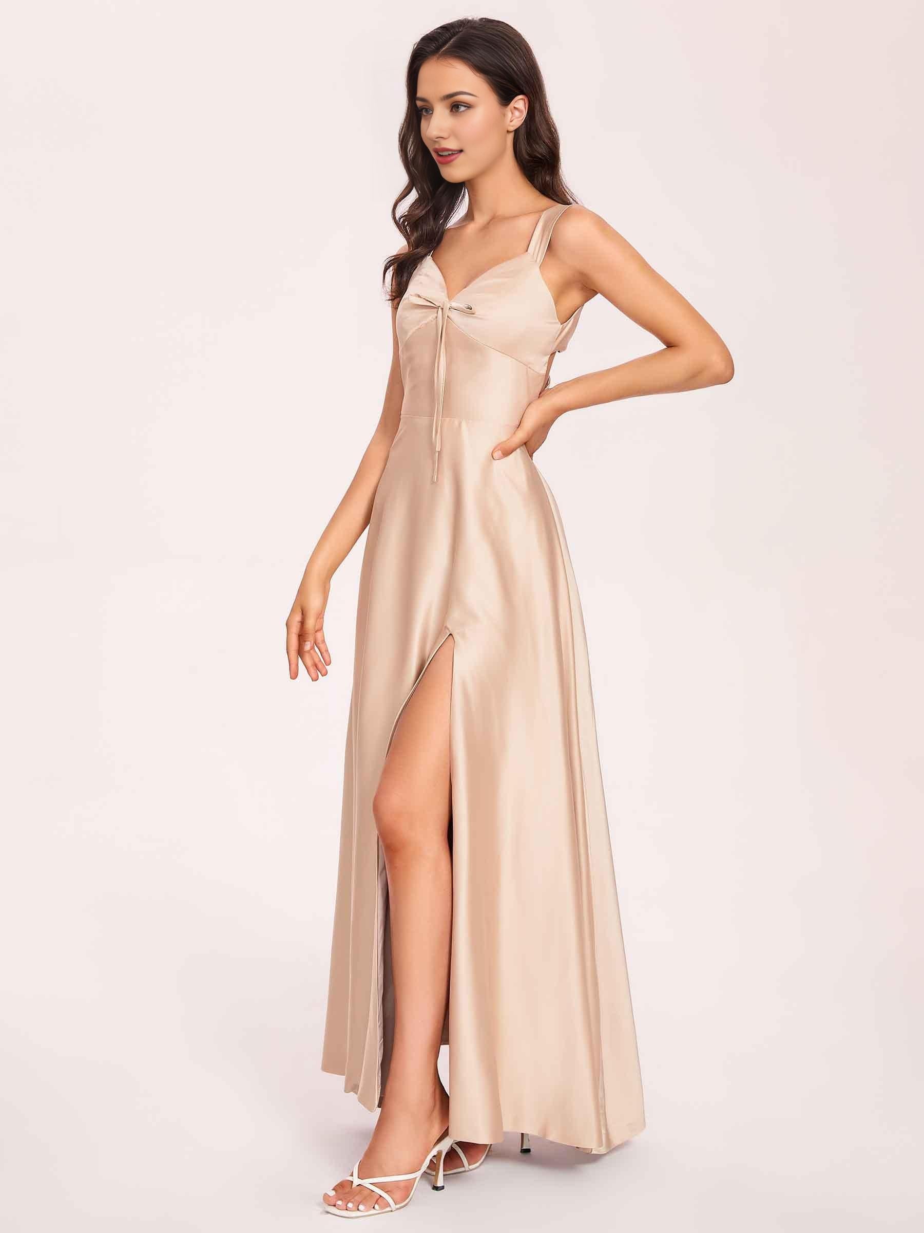 Satin V-neck A-line Prom Dresses Side slit Floor Length