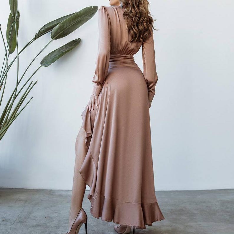 Elegant Long Sleeve Mint Satin Maxi Dress with Ruffle Hem and High Slit Formal Bridesmaid Dress