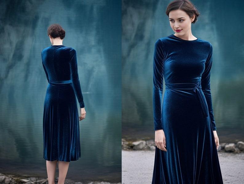 Velvet Midi Dress with Long Sleeves Versatile Crew Neck Design Closed Back Includes Self-Tie Belt Below Knee Length  Fall Fashion