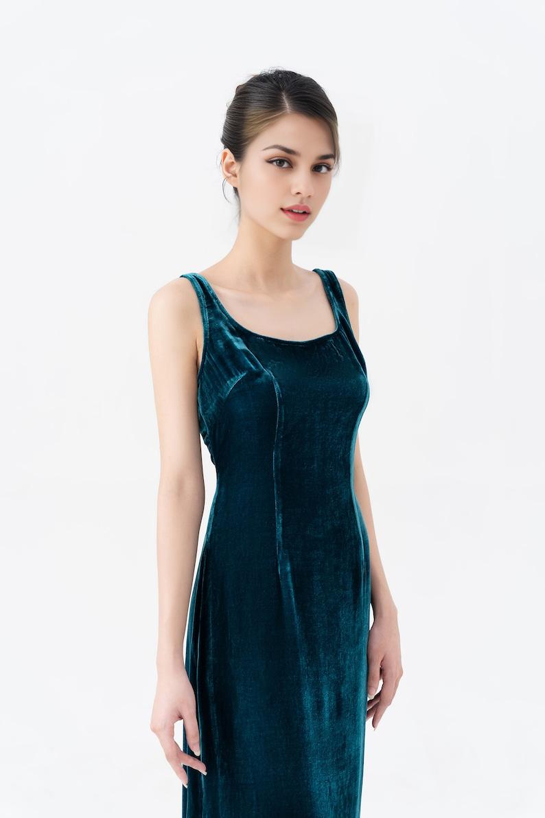 Petrol Mulberry Silk Velvet Prom Dress Luxurious Silk Velvet With Scoop Neck Midi Dress Made to Order Dress