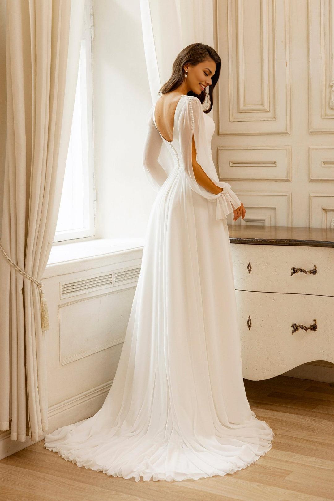 Elegant V-Neck Wedding Dress with Sheer Bishop Sleeves and Front Slit