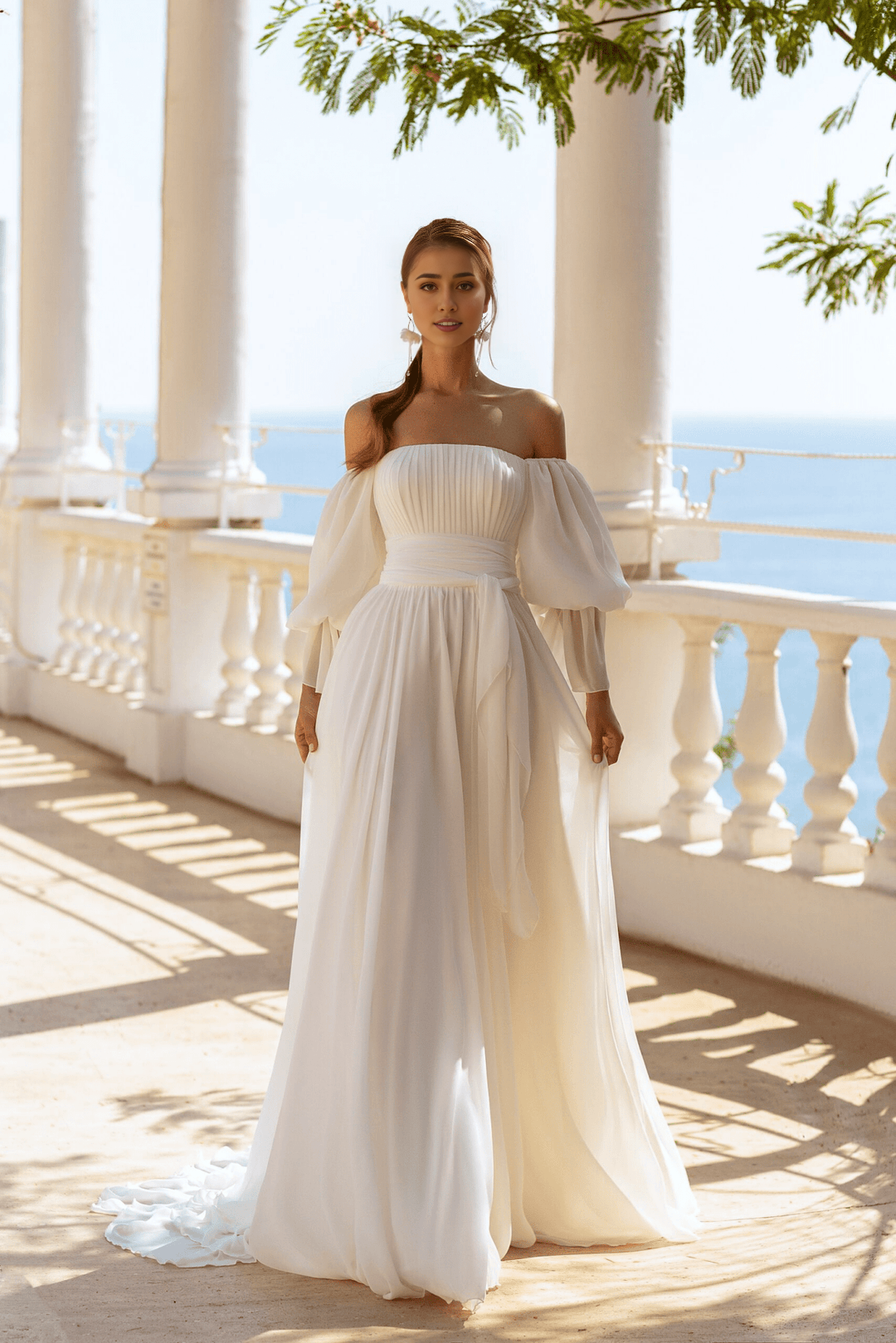 Off Shoulder Wedding Dress - Square Neck wedding dress  Maxi Dress with Sleeves for Wedding
