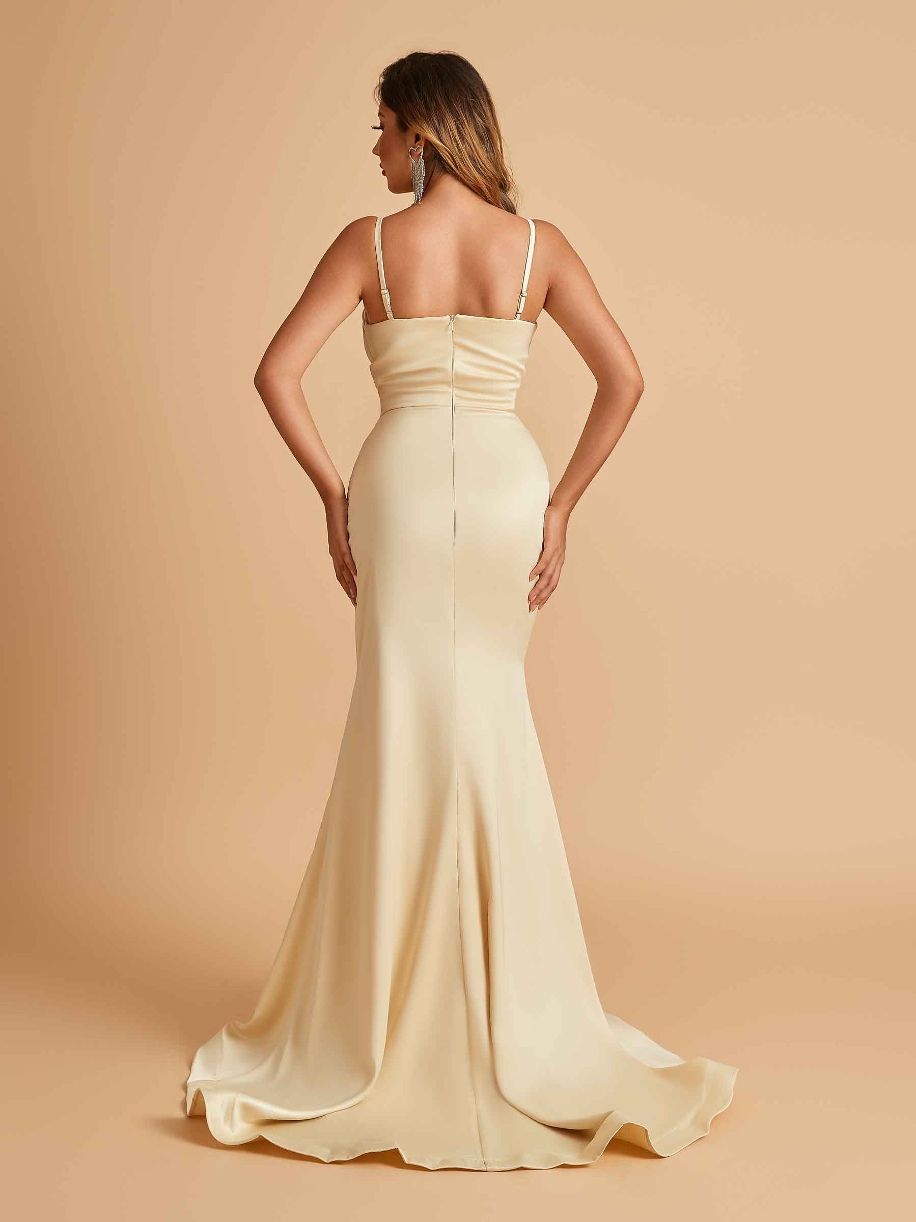 Satin Mermaid Long Prom Dresses Spaghetti Straps Sweetheart Side Slit Floor Length