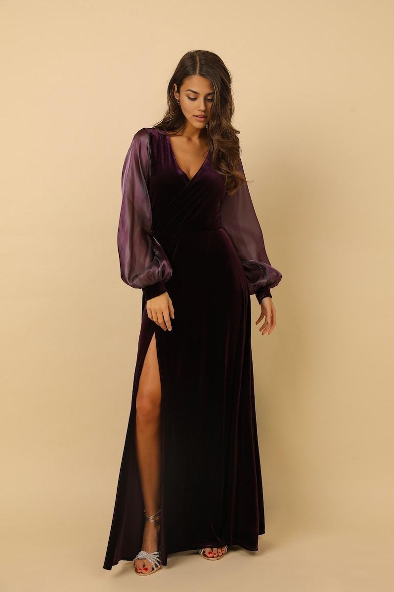 Wedding dress velvet dress slit Prom dress long sleeve maxi dress bridal attire elegant dress