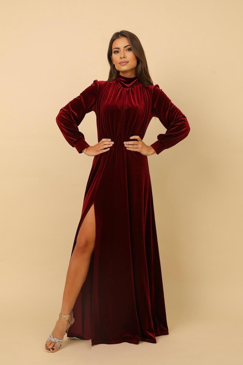 Maid Of Honor Maxi Dress Velvet Dress Prom Dress A Line Dress Reception Dress Long Sleeve Slit Dress