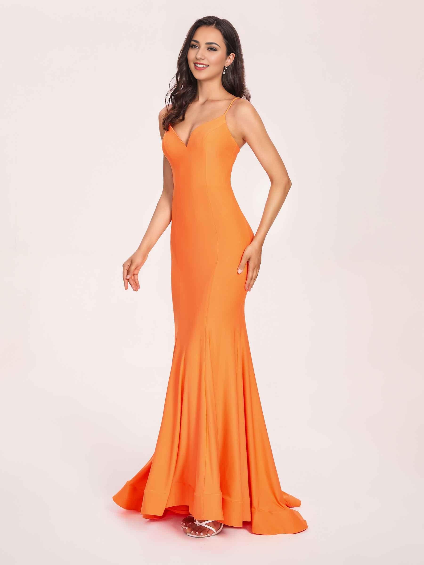 Sexy Satin Mermaid Prom Dresses Spaghetti Straps V-neck Floor Length Lace-up Back