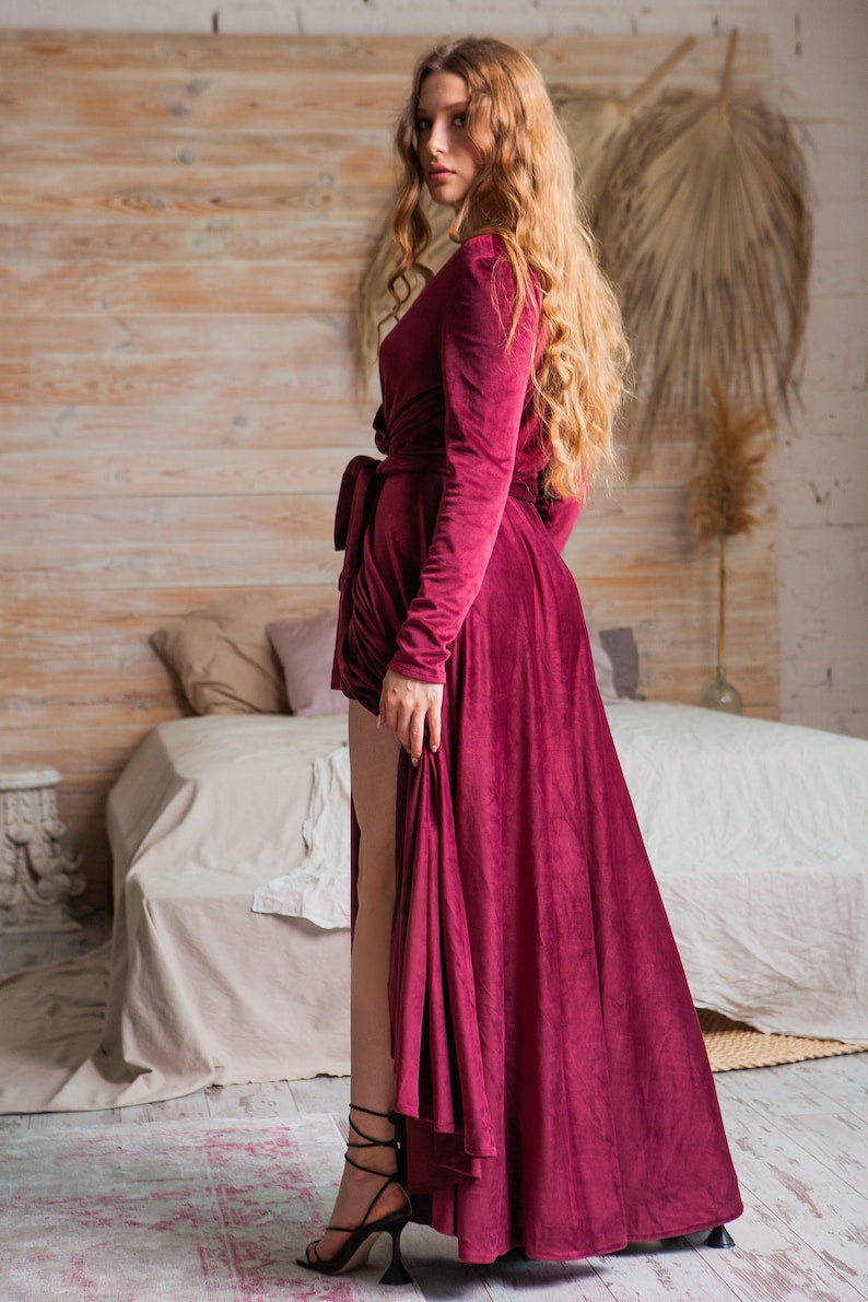 Velvet wrap dress Velvet dress long Velvet prom dress purple Velvet dress for women Velvet party dress Velvet formal dress