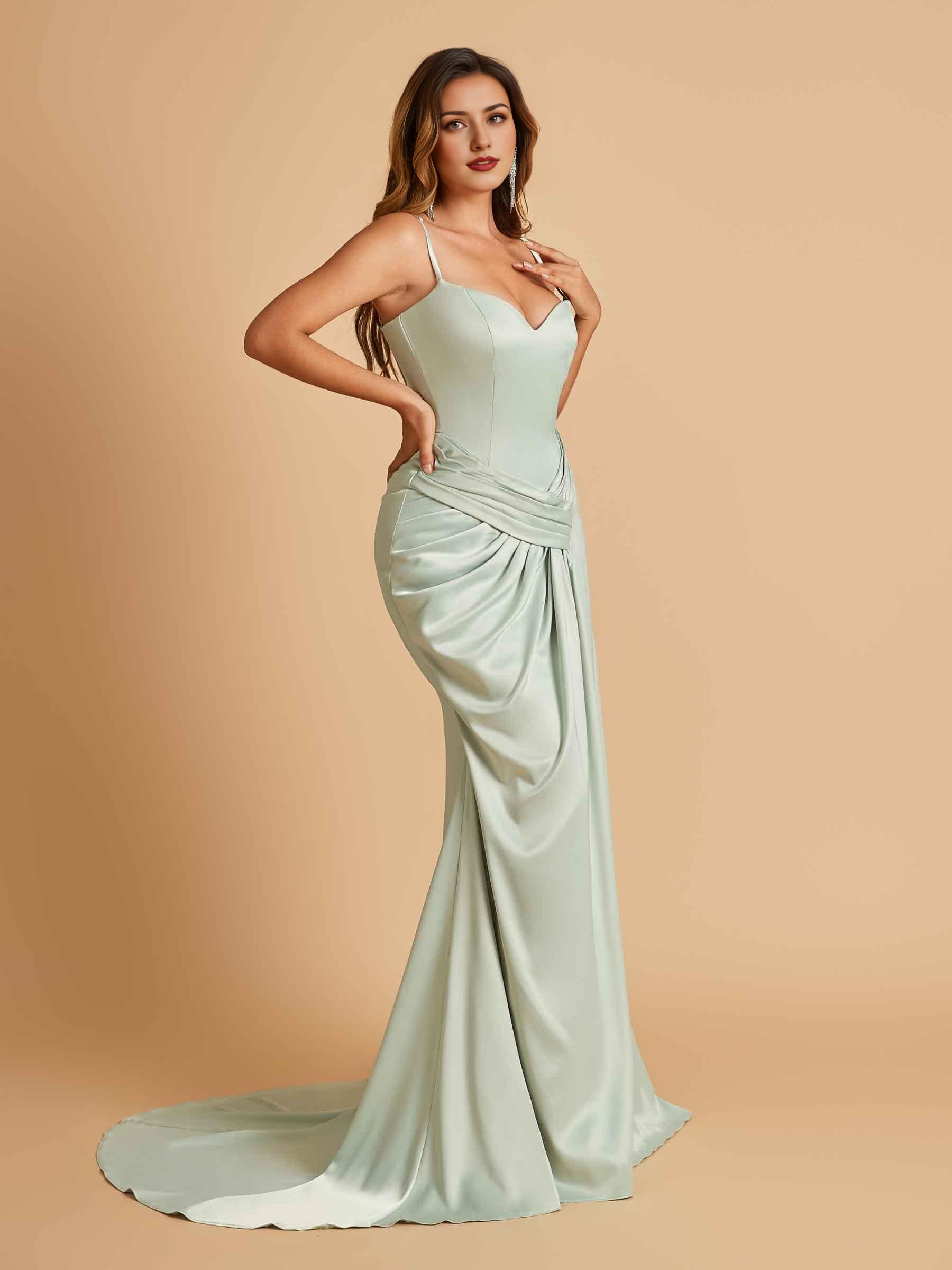 Satin Mermaid Sweetheart Prom Dresses Spaghetti Straps With Pleats Floor Length