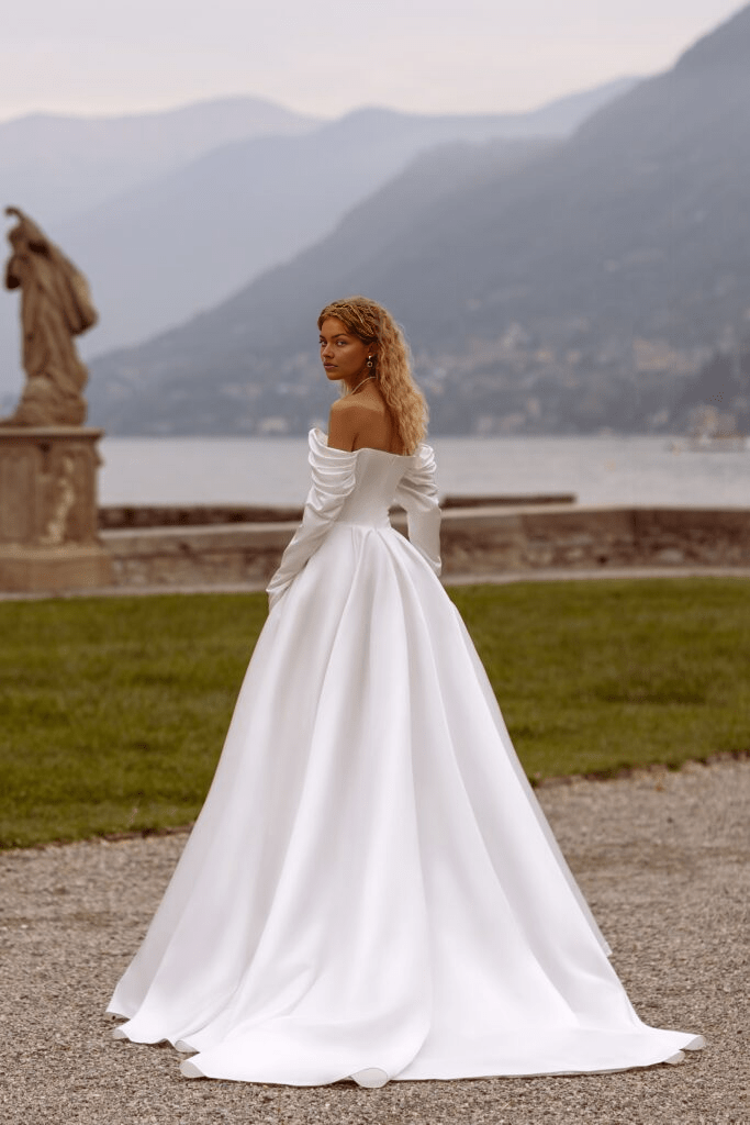 Satin Wedding Dress Off Shoulder Wedding Dress with High Slit  Long Sleeves Wedding