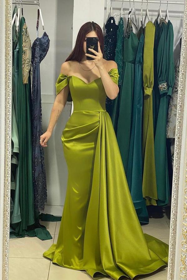 Long A-Line Off the Shoulder Sleeveless Satin Prom Dresses with