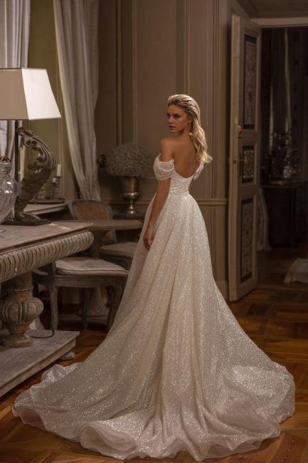 Long A-line off shoulder sparkling sleeveless bridal gown