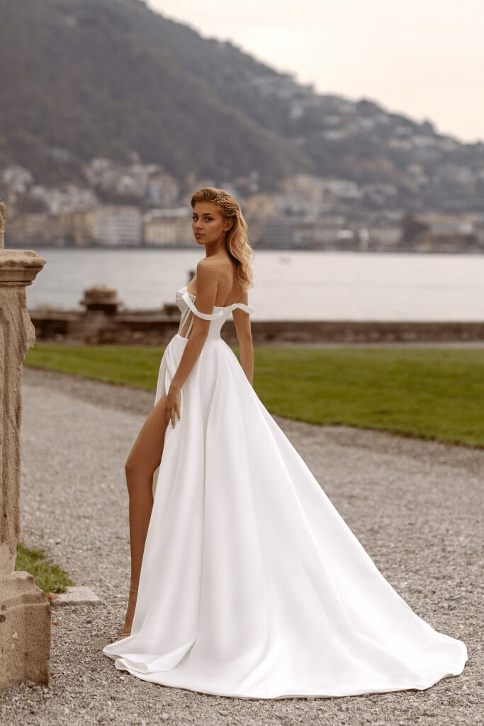 Satin Wedding Dress with High Slit Modern Wedding Dress Off the Shoulder Wedding
