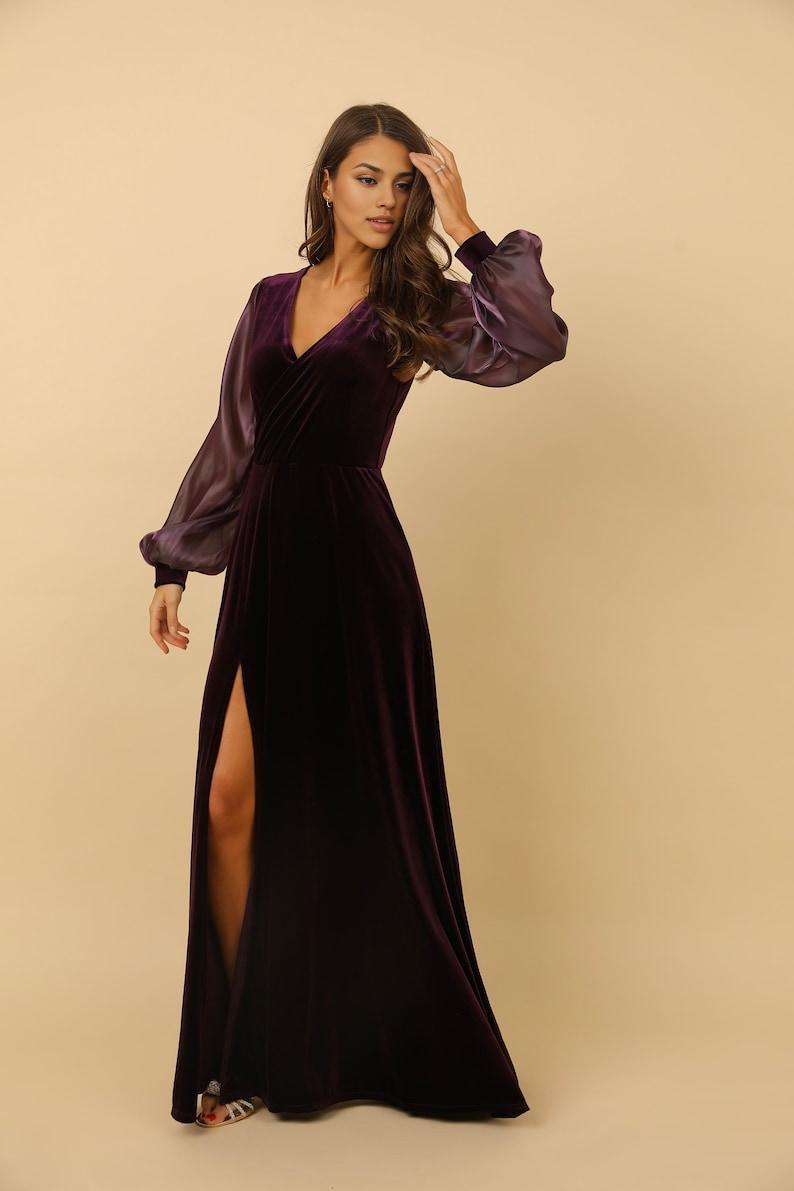 Wedding dress velvet dress slit Prom dress long sleeve maxi dress bridal attire elegant dress