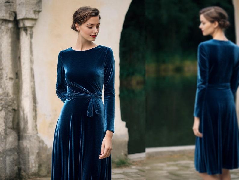 Velvet Midi Dress with Long Sleeves Versatile Crew Neck Design Closed Back Includes Self-Tie Belt Below Knee Length  Fall Fashion