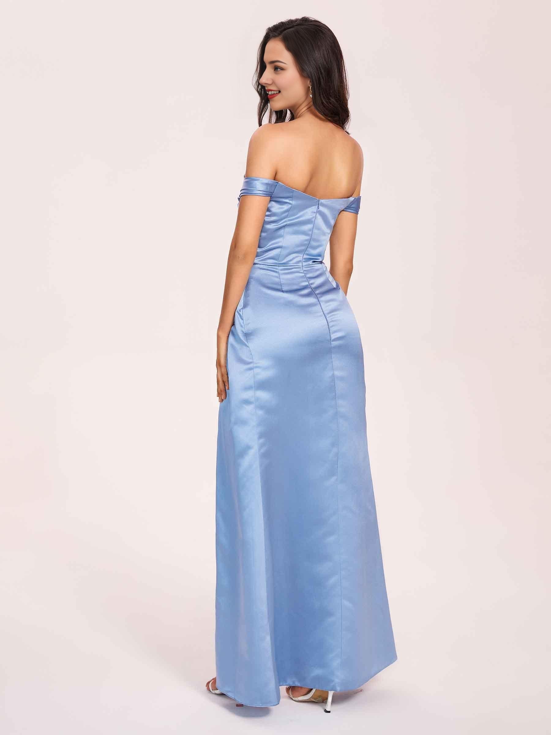 Elegant Satin Off Shoulder Prom Dresses Side-slit Sweetheart Floor Length Sheath