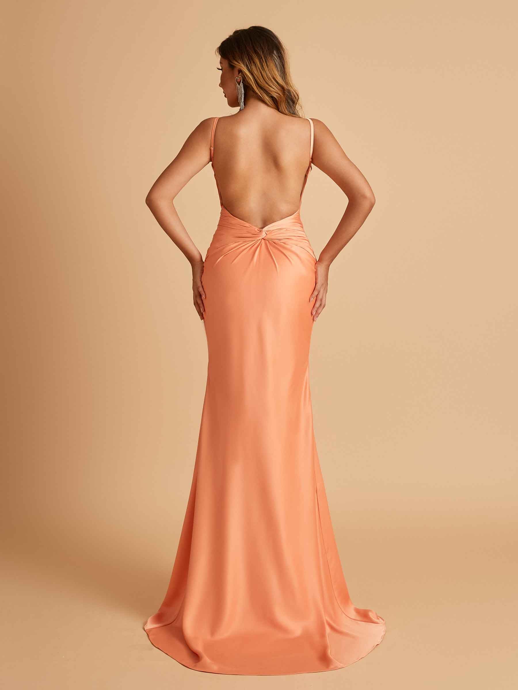 Satin Deep V-neck Mermaid Prom Dresses Open Back Floor Length