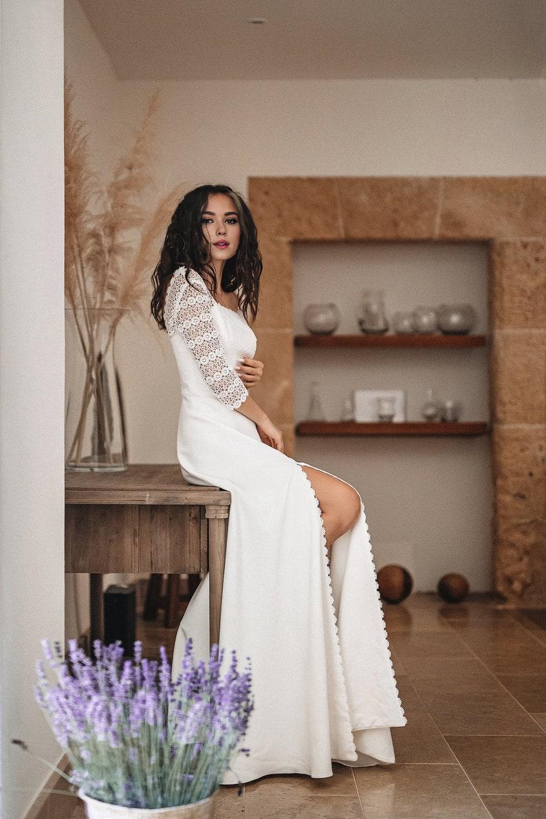 Minimalist And Modest Wedding Dress Square Neckline Simple Open Back Bridal Gown Floral Macrame Rustic Wedding