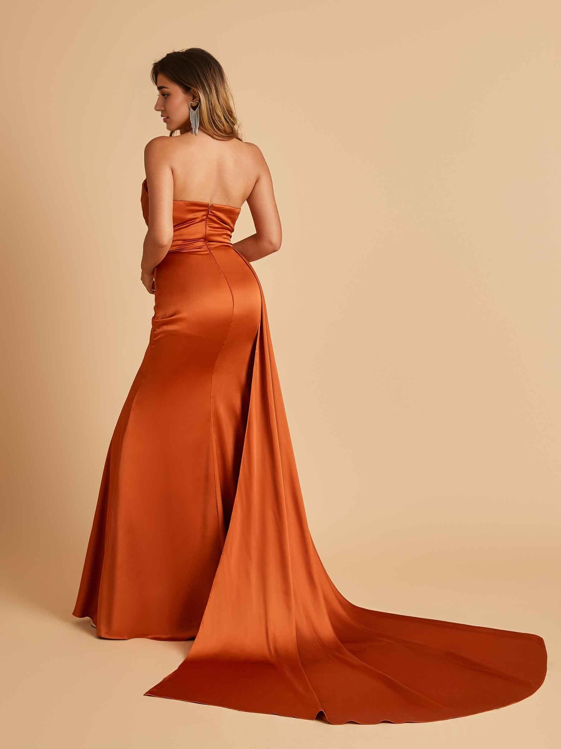 Sexy Satin Sheath Prom Dresses Strapless Sweetheart Side Slit With Train