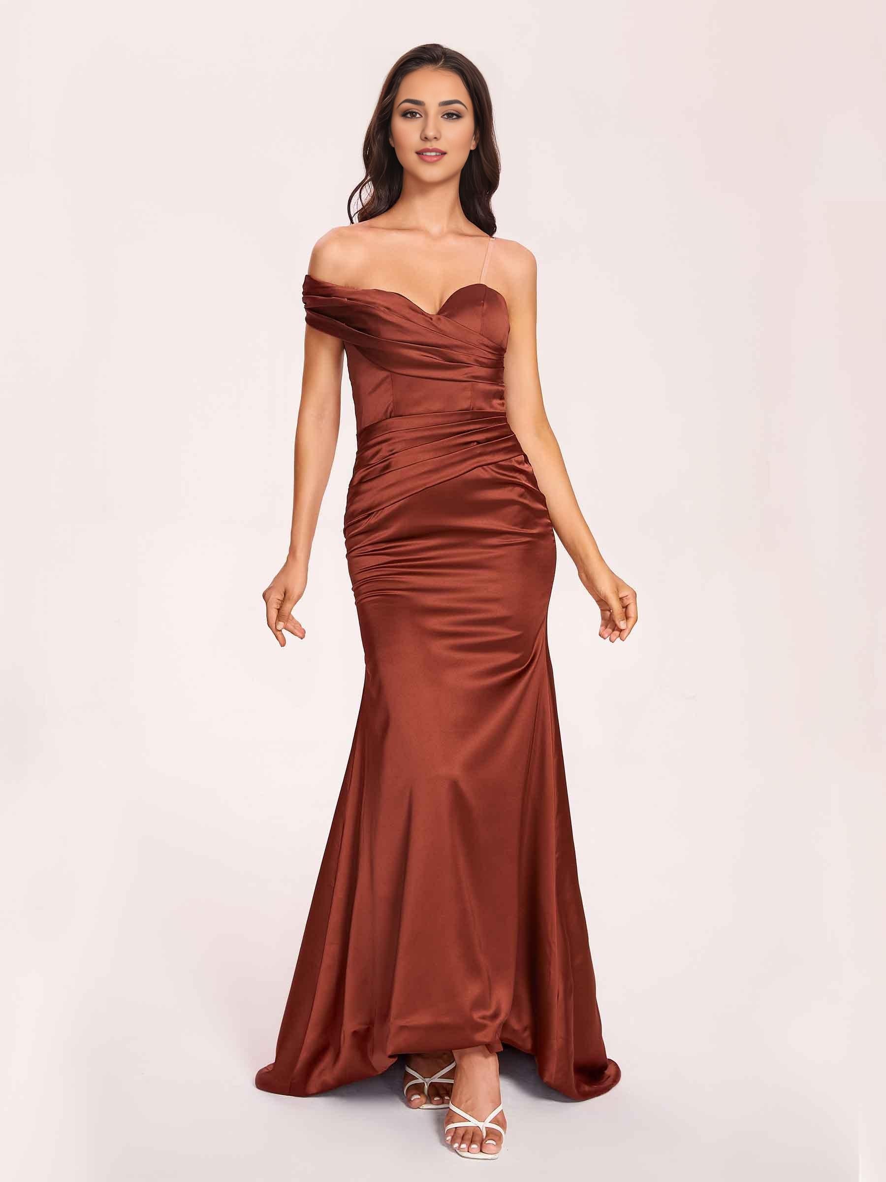 Satin One-shoulder Prom Dresses Pleats Floor Length Mermaid Long
