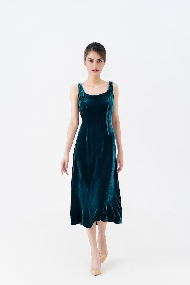 Petrol Mulberry Silk Velvet Prom Dress Luxurious Silk Velvet With Scoop Neck Midi Dress Made to Order Dress