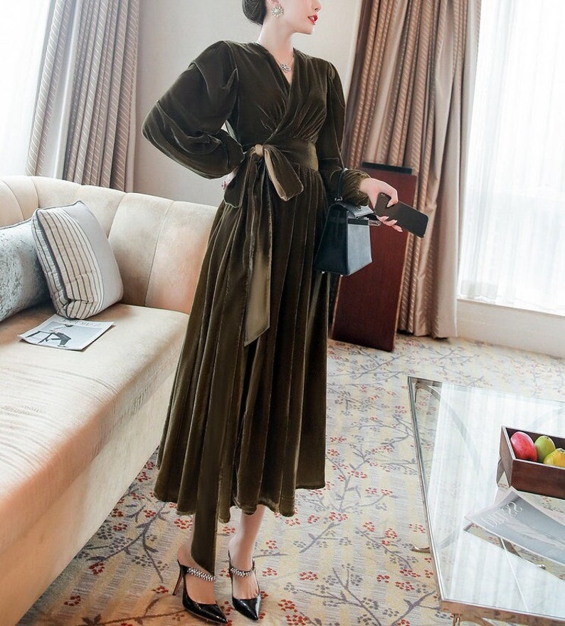 Fall Winter Women Velvet Dress Velvet Midi Dress Prom Gown Dress