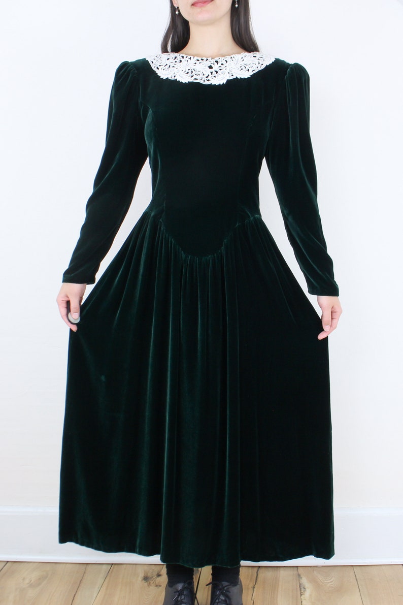 McClintock velvet dress silk blend forest green lace collar low back v-yoke waist full skirt