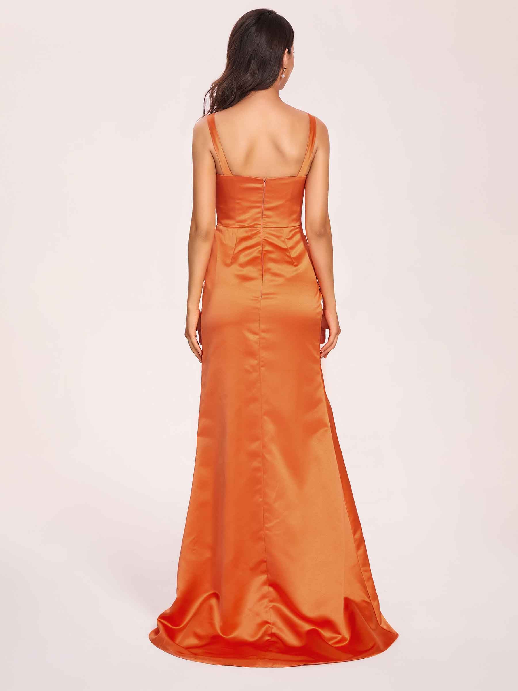 Satin Spaghetti Straps Corset Prom Dresses Pleats Side-Slit Sheath Floor Length