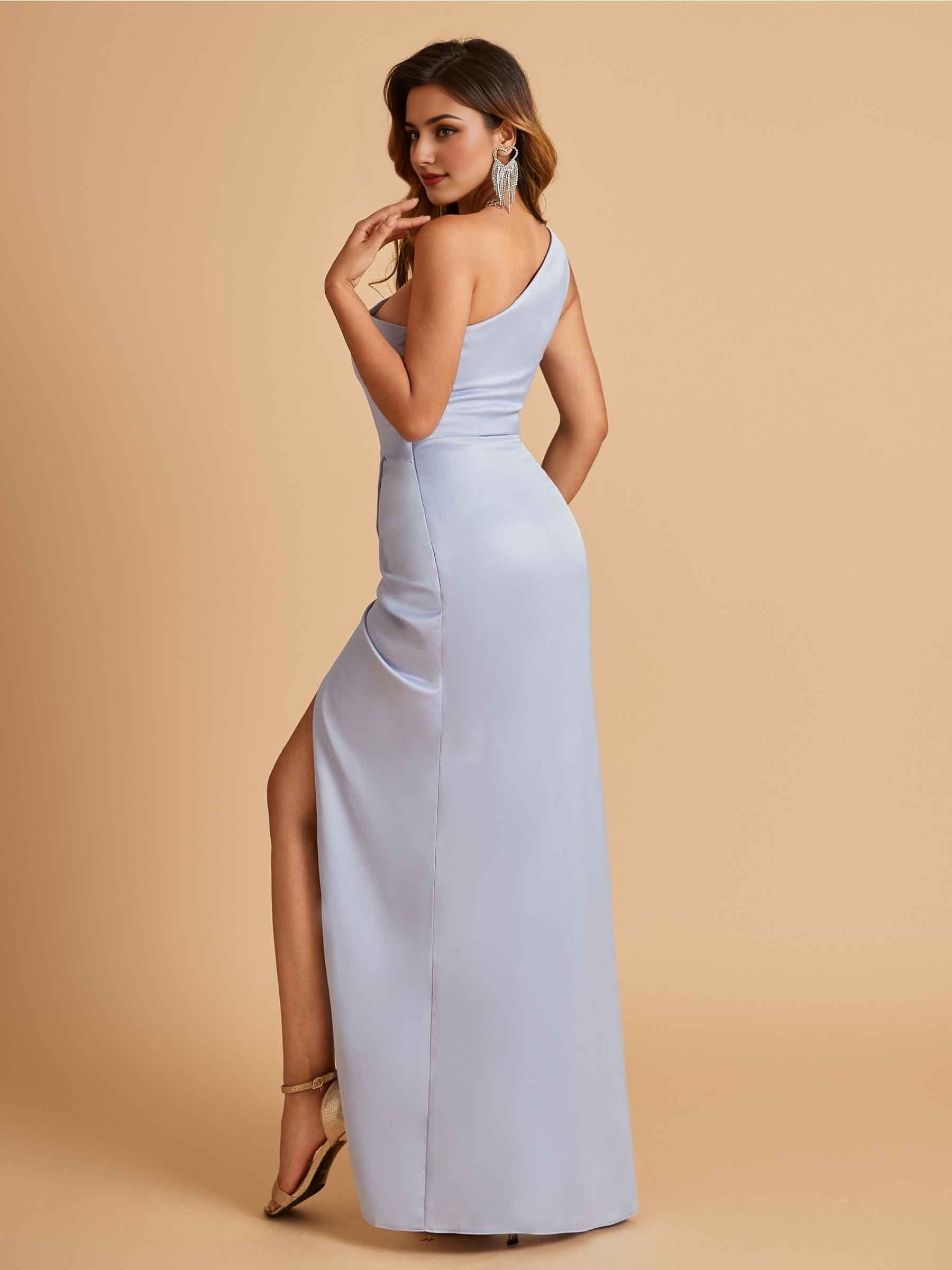 Satin One-shoulder Prom Dresses Sheath Side Slit Sleeveless Floor Length