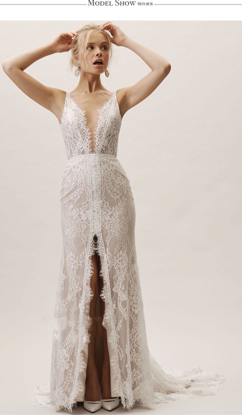Vintage Lace Bridal Gown Fairy Wedding Dress Beach Wedding Gown Mermaid Wedding Dress With Slit
