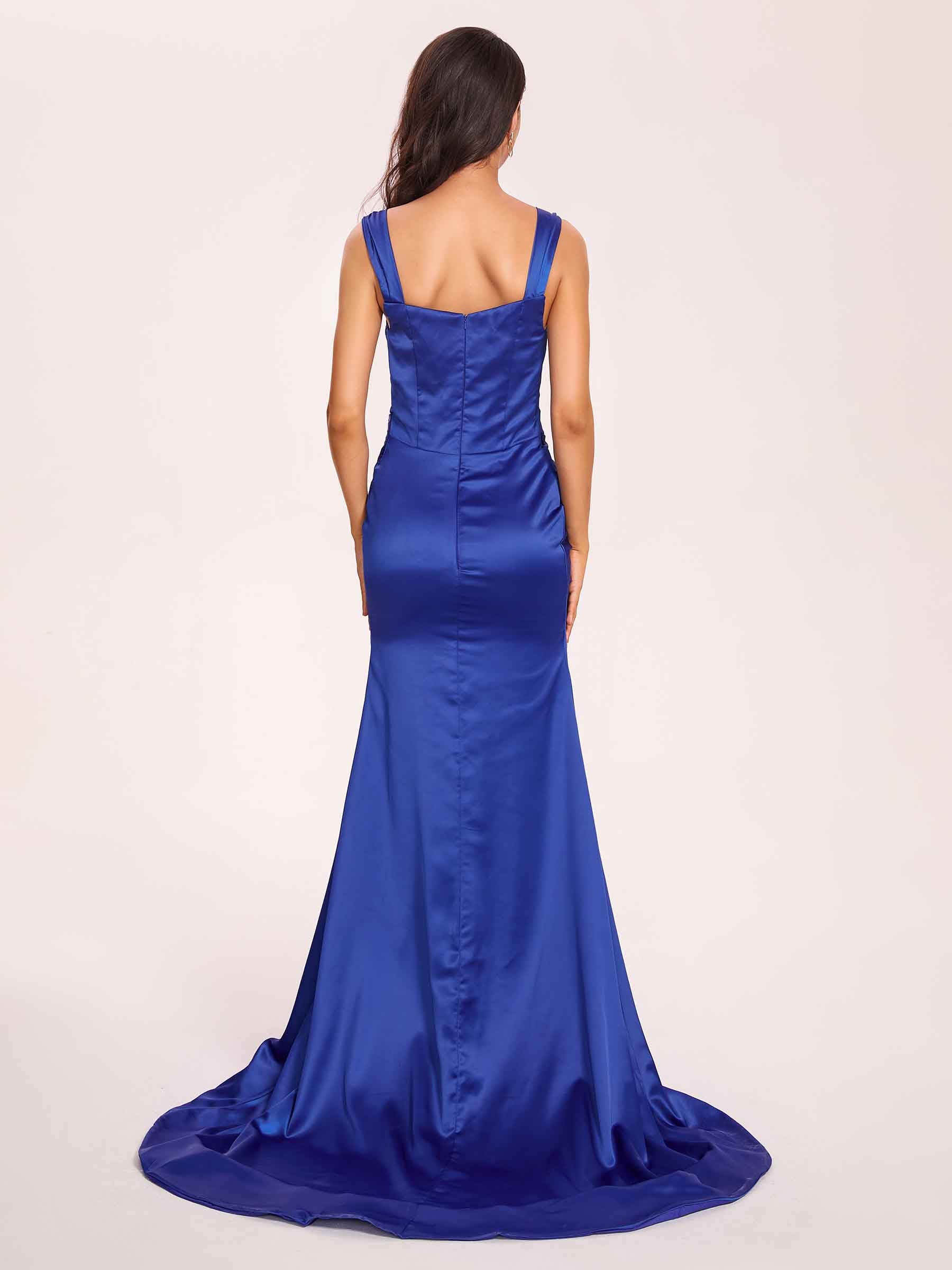 Sexy Satin Square Mermaid Prom Dresses Pleats Side-Slit Floor-Length Sleeveless
