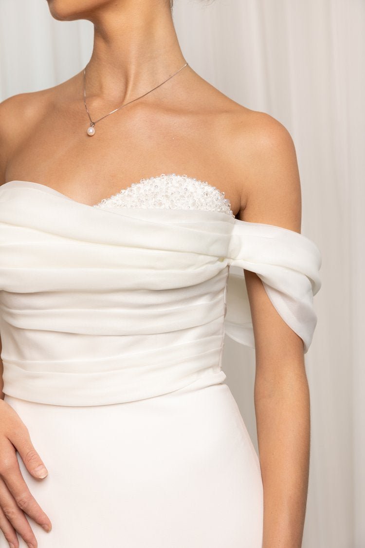 Ethereal Beauty Mermaid Bridal Gown with Organza Draping and Beaded Details