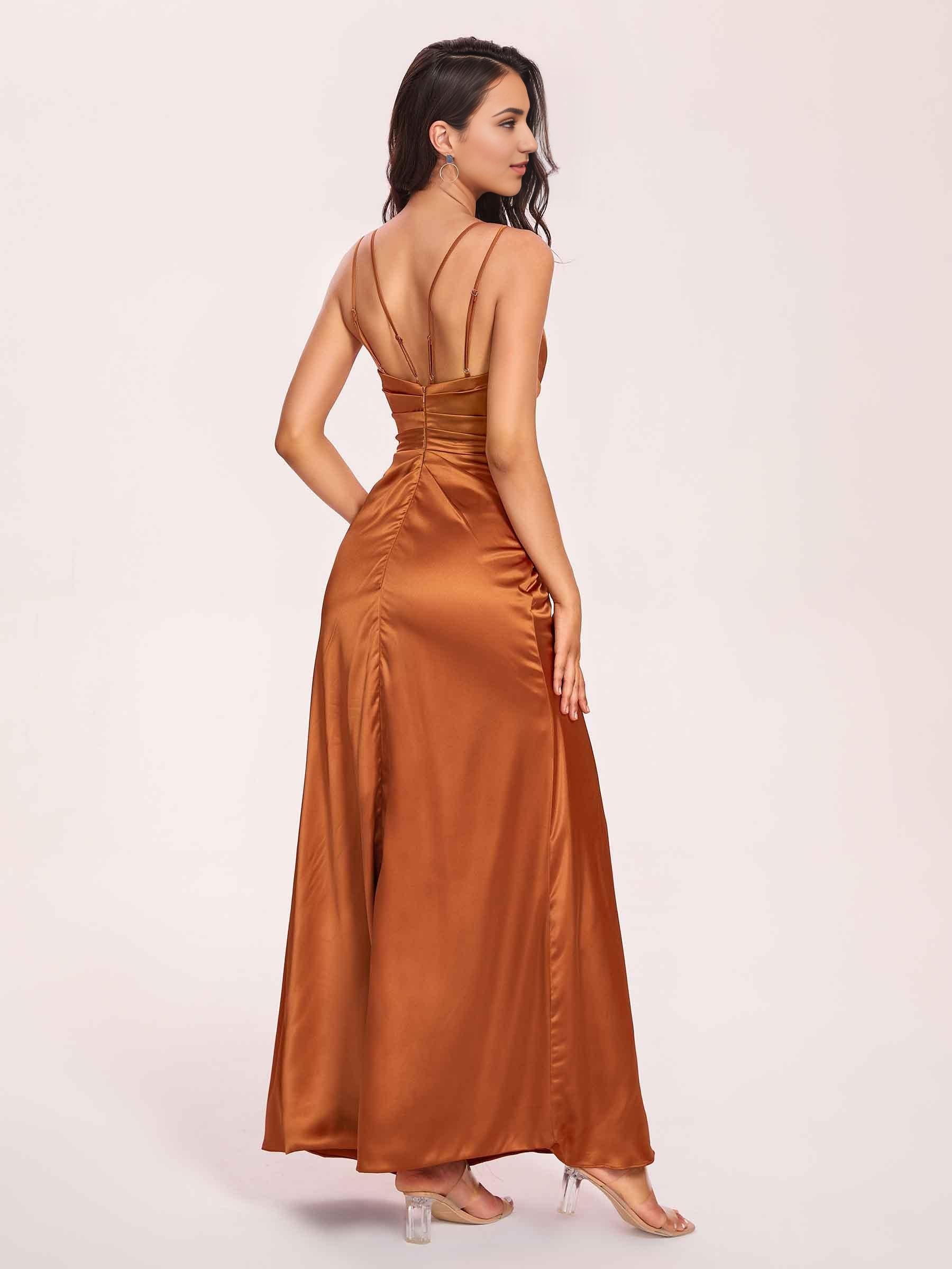 Sexy Satin A-line Prom Dresses Spaghetti Straps Side Slit V-neck Floor Length