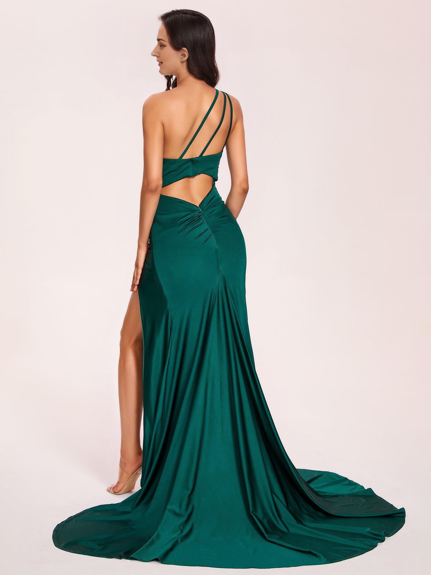 One-shoulder Prom Dresses Open Back Pleats Side-Slit With Train Long